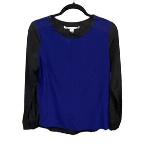 Diane Von Furstenberg Silk Color Block‎ Blouse Size 2 Black/Royal